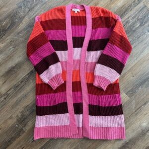 Striped Open-Front Long Cardigan Sweater - Pink Multi